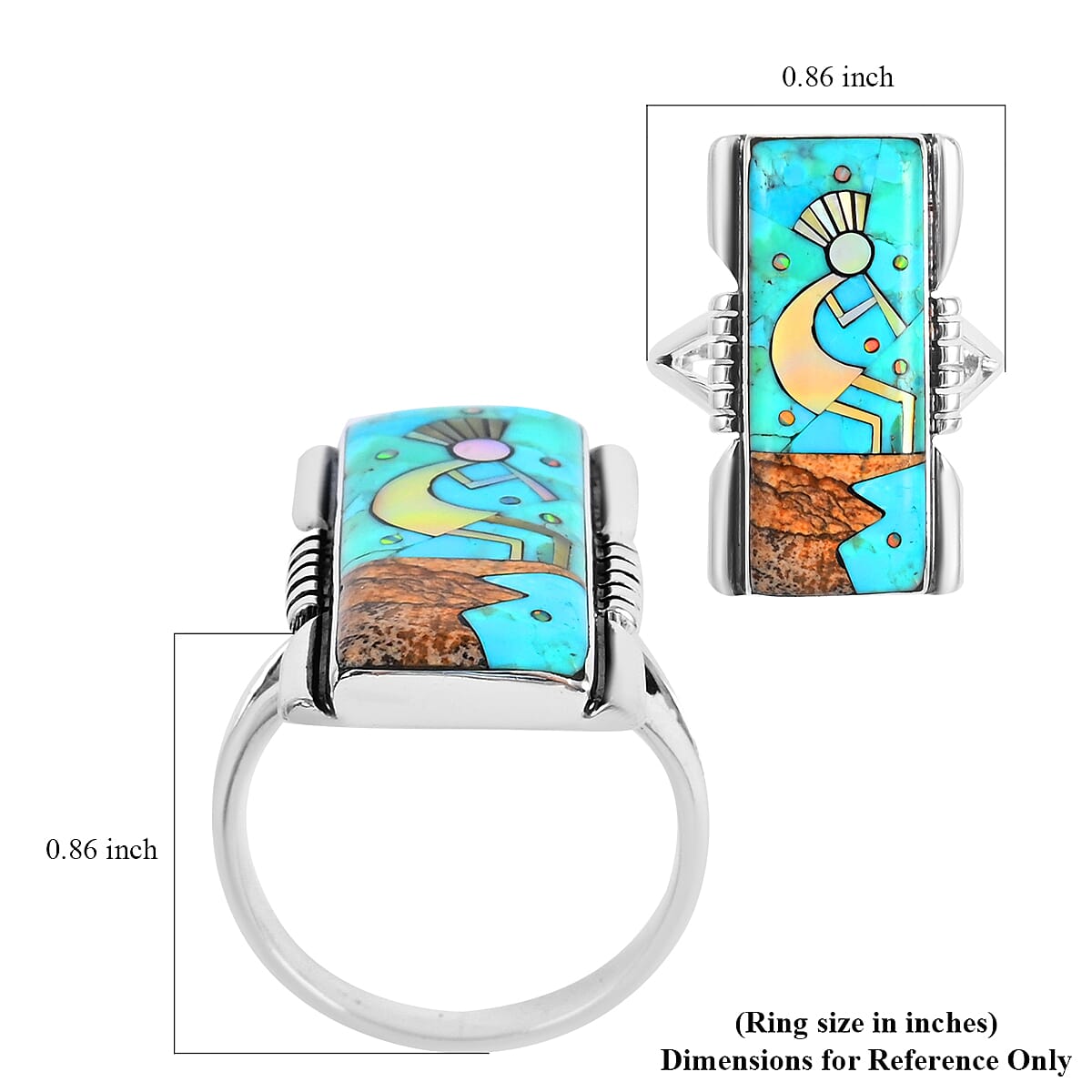 Santa Fe Style Turquoise and Multi Gemstone 8.00 ctw Kokopelli Ring in Sterling Silver (Size 11.0) image number 4