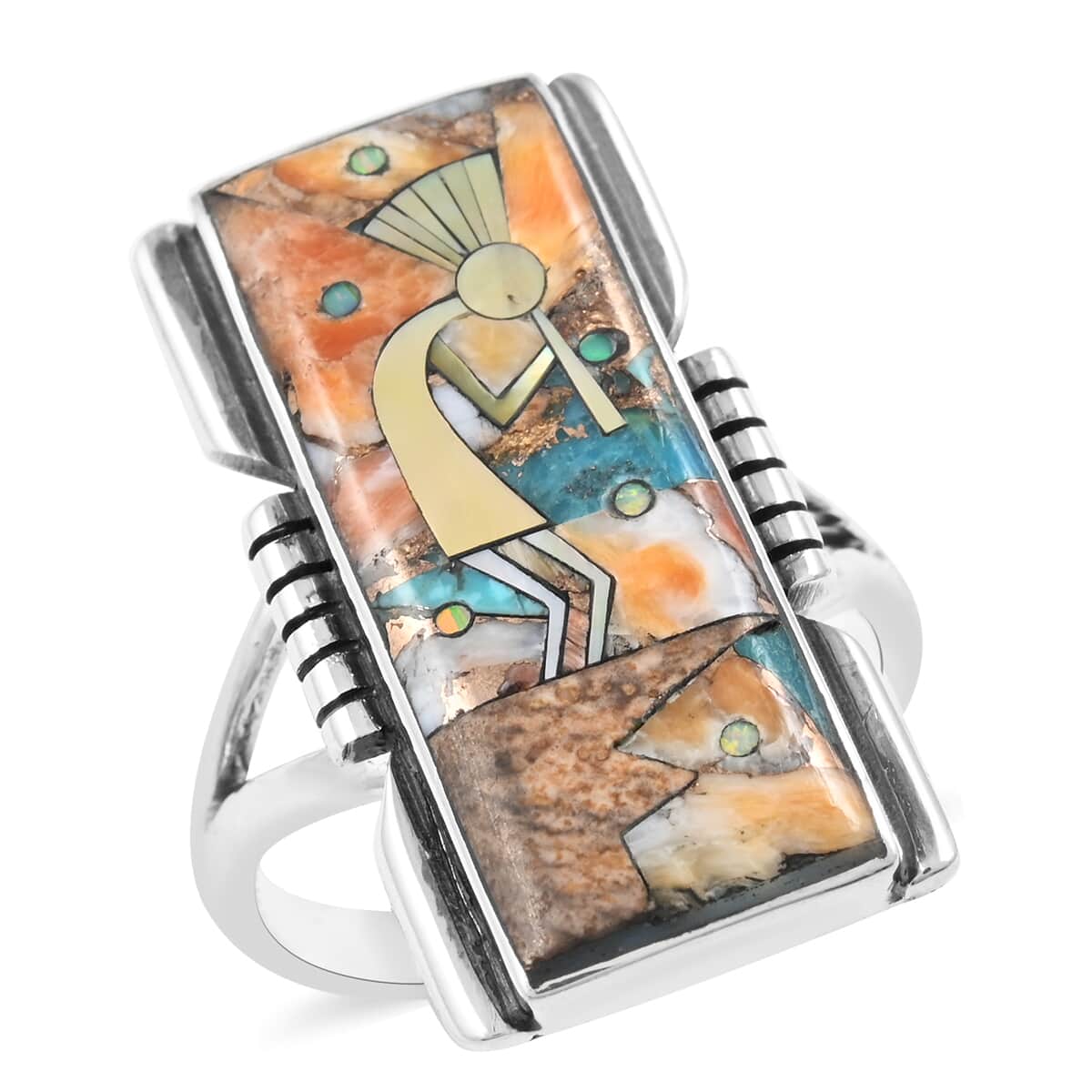 Santa Fe Style Spiny Turquoise and Multi Gemstone Kokopelli Ring in Sterling Silver (Size 11.0) 0.50 ctw image number 0