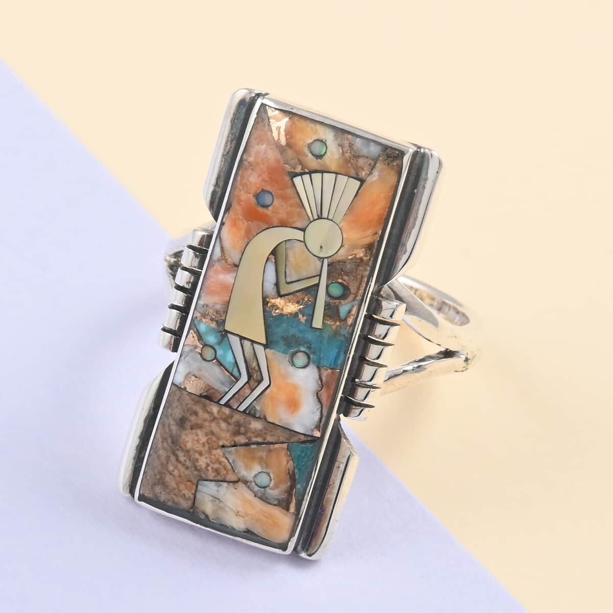 Santa Fe Style Spiny Turquoise and Multi Gemstone Kokopelli Ring in Sterling Silver (Size 11.0) 0.50 ctw image number 1