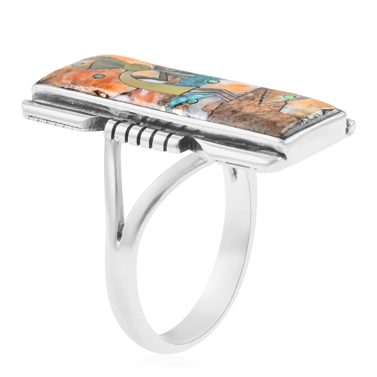 Santa Fe Style Spiny Turquoise and Multi Gemstone Kokopelli Ring in Sterling Silver (Size 11.0) 0.50 ctw image number 3