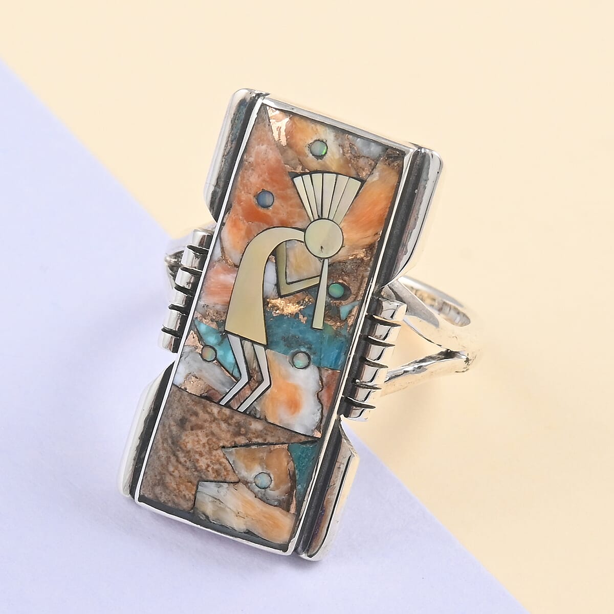 Santa Fe Style Spiny Turquoise and Multi Gemstone Kokopelli Ring in Sterling Silver (Size 7.0) 0.50 ctw image number 1