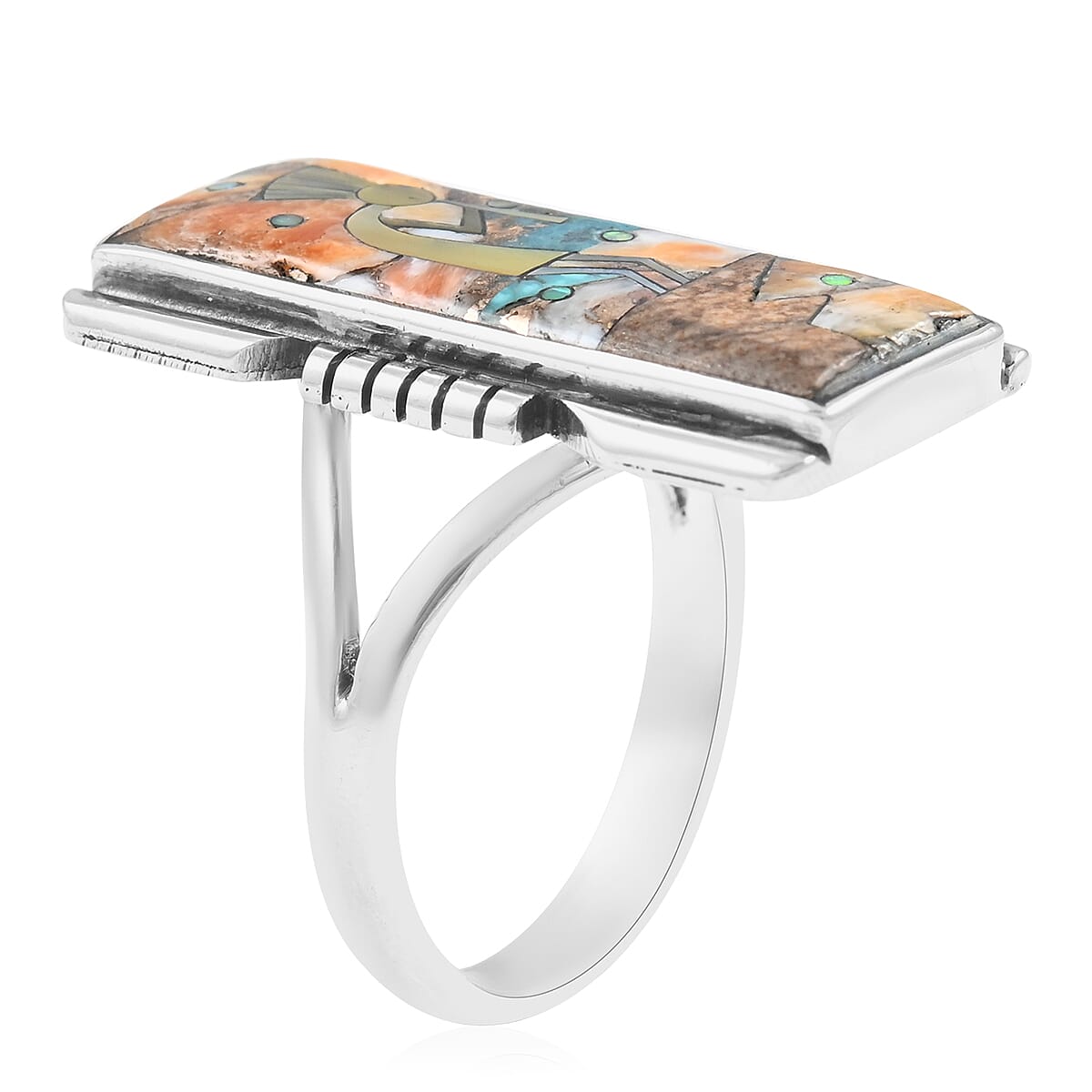 Santa Fe Style Spiny Turquoise and Multi Gemstone Kokopelli Ring in Sterling Silver (Size 7.0) 0.50 ctw image number 3