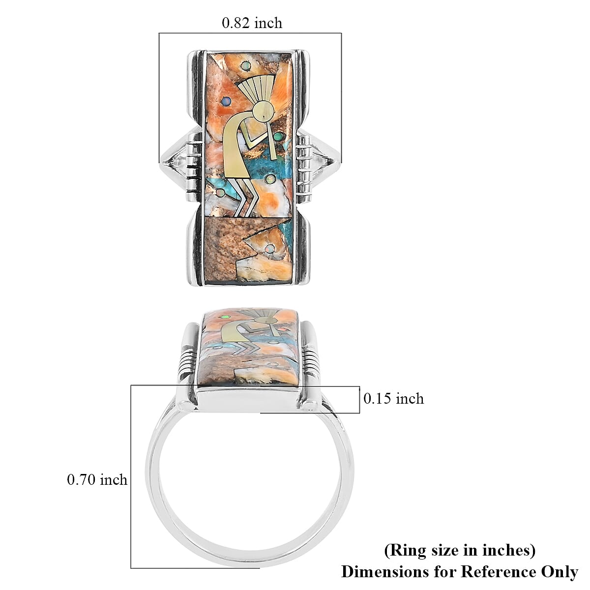 Santa Fe Style Spiny Turquoise and Multi Gemstone Kokopelli Ring in Sterling Silver (Size 7.0) 0.50 ctw image number 4