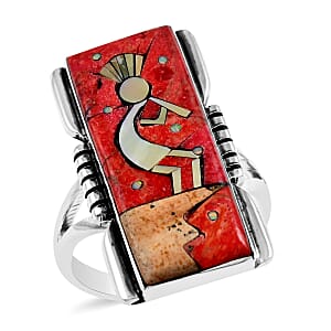Santa Fe Style Enhanced Red Coral and Multi Gemstone 8.00 ctw Kokopelli Ring in Sterling Silver (Size 10.0)