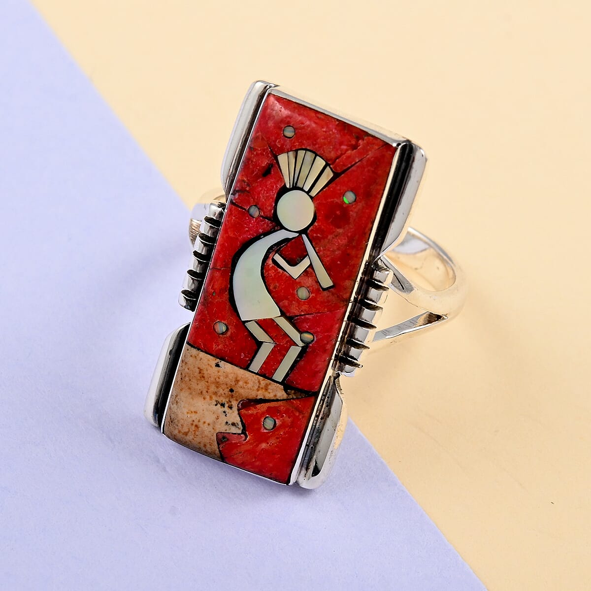Santa Fe Style Enhanced Red Coral and Multi Gemstone 8.00 ctw Kokopelli Ring in Sterling Silver (Size 11.0) image number 1