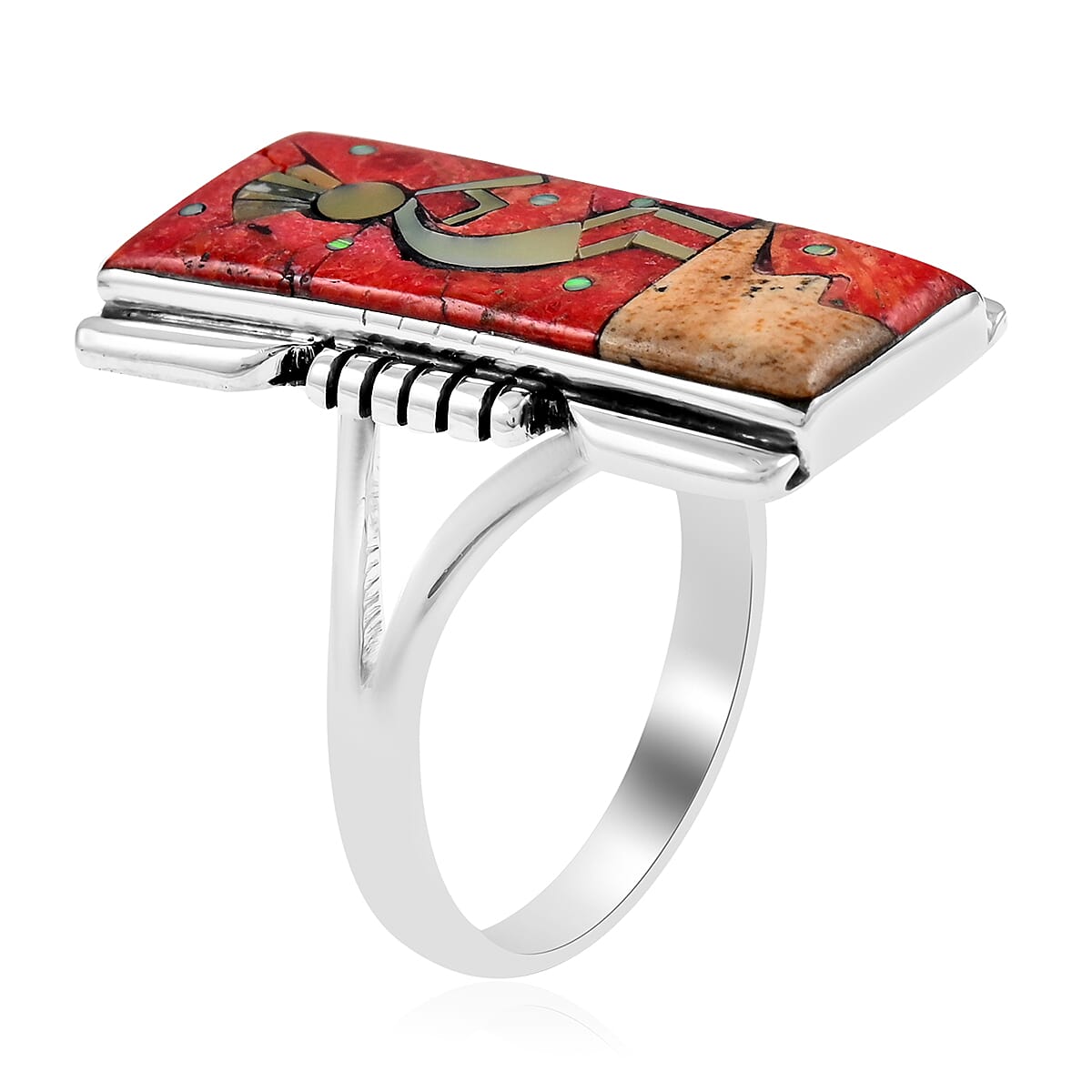 Santa Fe Style Enhanced Red Coral and Multi Gemstone 8.00 ctw Kokopelli Ring in Sterling Silver (Size 11.0) image number 3
