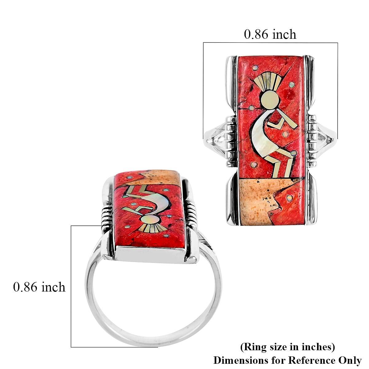 Santa Fe Style Enhanced Red Coral and Multi Gemstone 8.00 ctw Kokopelli Ring in Sterling Silver (Size 11.0) image number 4