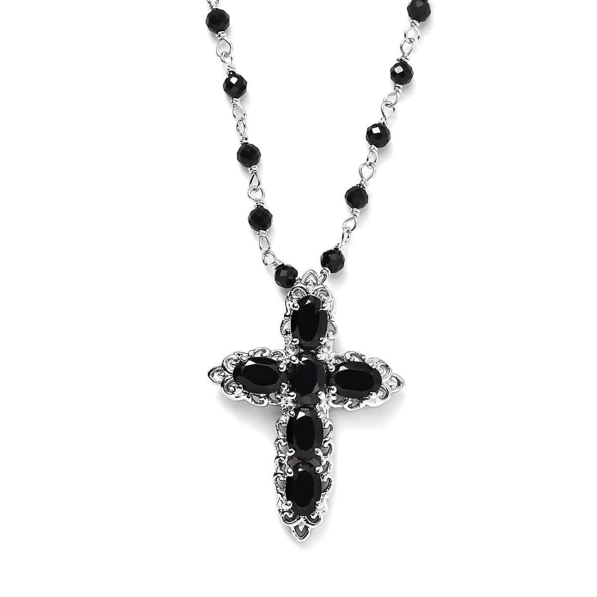 Karis Thai Black Spinel Cross Necklace 20 Inches in Platinum Bond 17.75 ctw image number 0