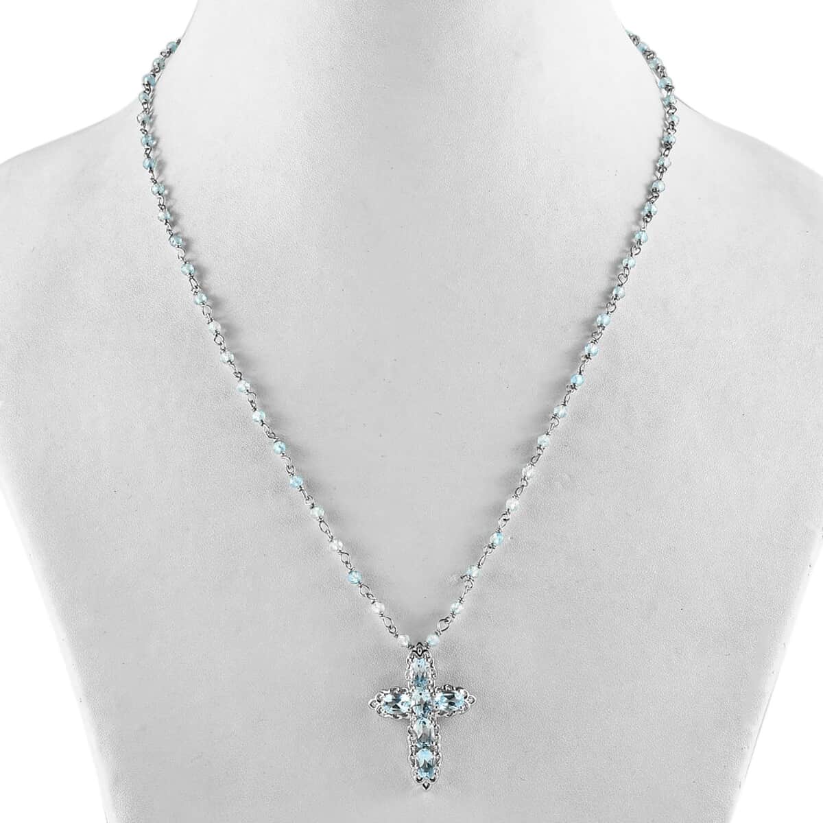 Karis Sky Blue Topaz Cross Pendant Necklace 20 Inches in Platinum Bond 17.80 ctw image number 2