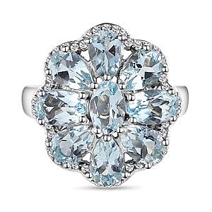 Aquamarine and White Zircon 3.90 ctw Cluster Ring in Platinum Over Sterling Silver (Size 11.5)
