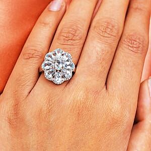 Aquamarine and White Zircon 3.90 ctw Cluster Ring in Platinum Over Sterling Silver (Size 11.5)