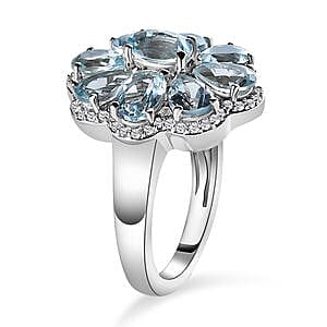Aquamarine and White Zircon 3.90 ctw Cluster Ring in Platinum Over Sterling Silver (Size 11.5)