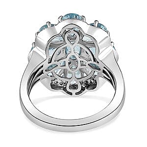 Aquamarine and White Zircon 3.90 ctw Cluster Ring in Platinum Over Sterling Silver (Size 11.5)