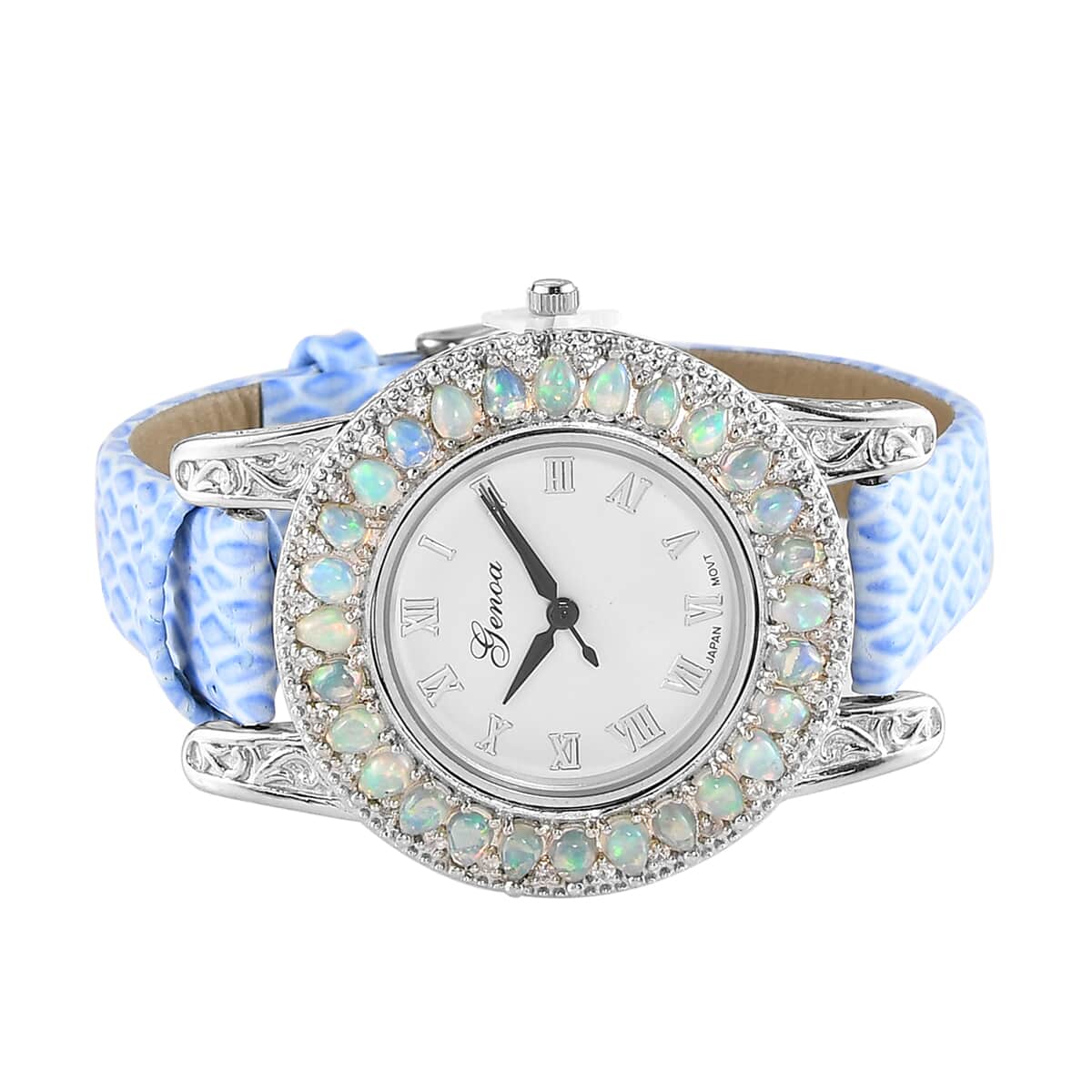 Genoa Ethiopian Welo Opal, Natural White Zircon Miyota Japanese Movement Watch with Blue Leather Strap 3.35 ctw image number 0