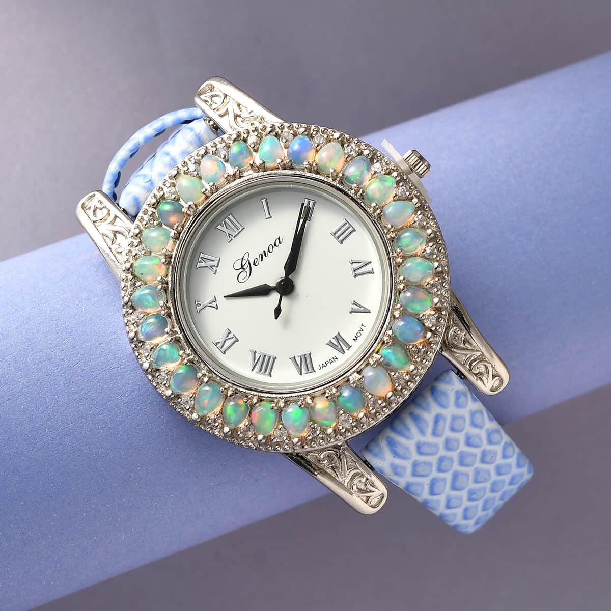 Genoa Ethiopian Welo Opal, Natural White Zircon Miyota Japanese Movement Watch with Blue Leather Strap 3.35 ctw image number 1