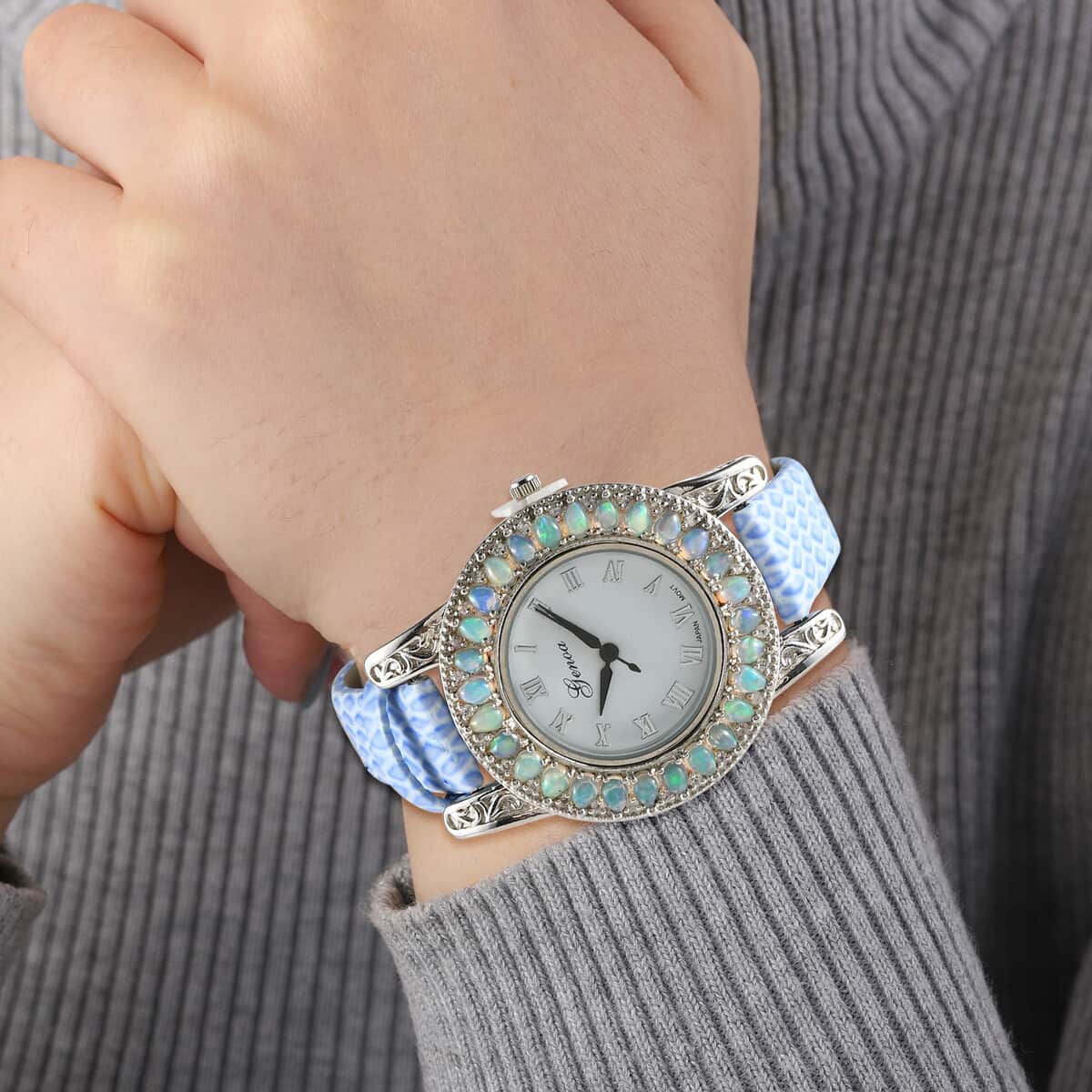 Genoa Ethiopian Welo Opal, Natural White Zircon Miyota Japanese Movement Watch with Blue Leather Strap 3.35 ctw image number 2