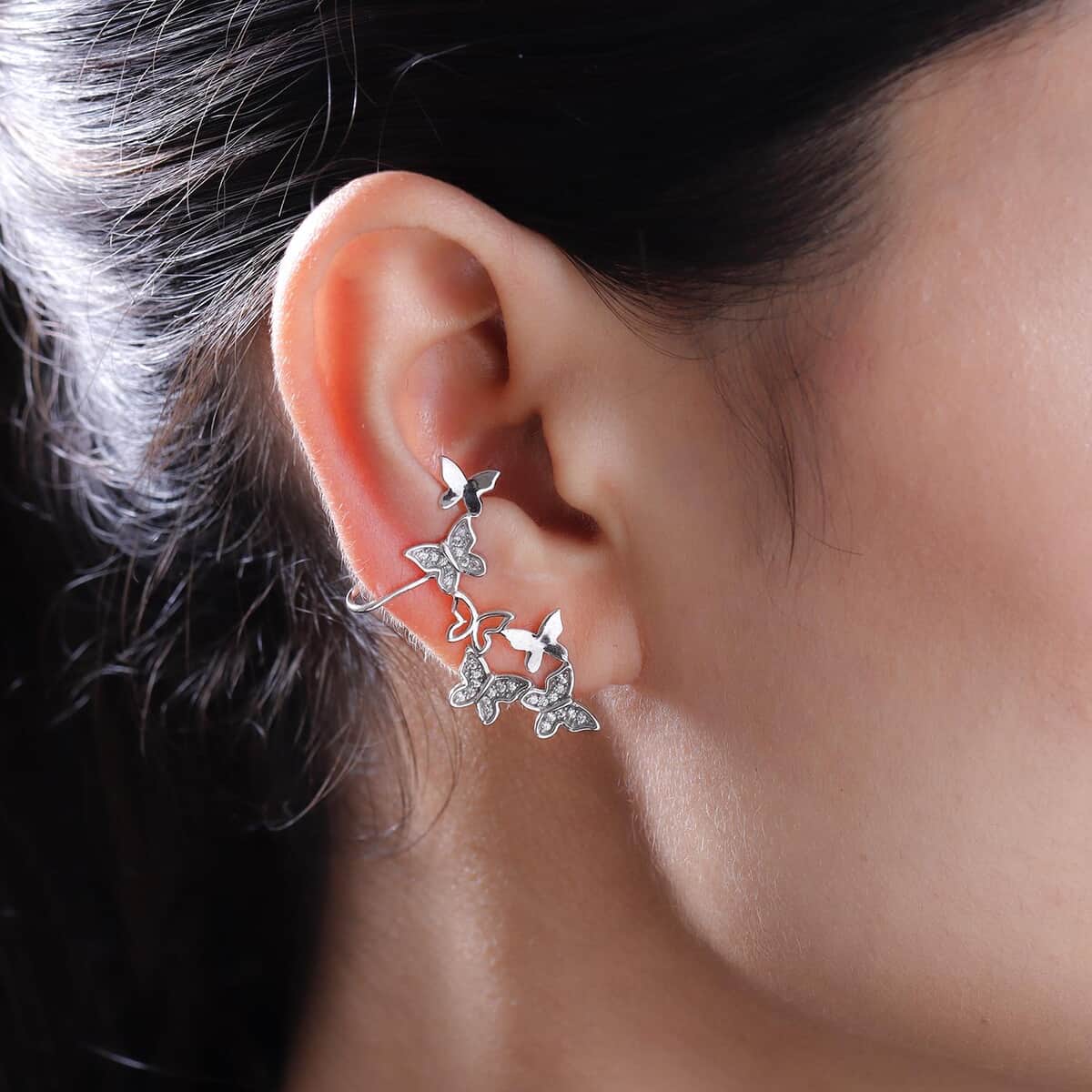 Natural White Zircon Butterfly Ear Cuff Climber in Platinum Over Sterling Silver 0.25 ctw image number 2