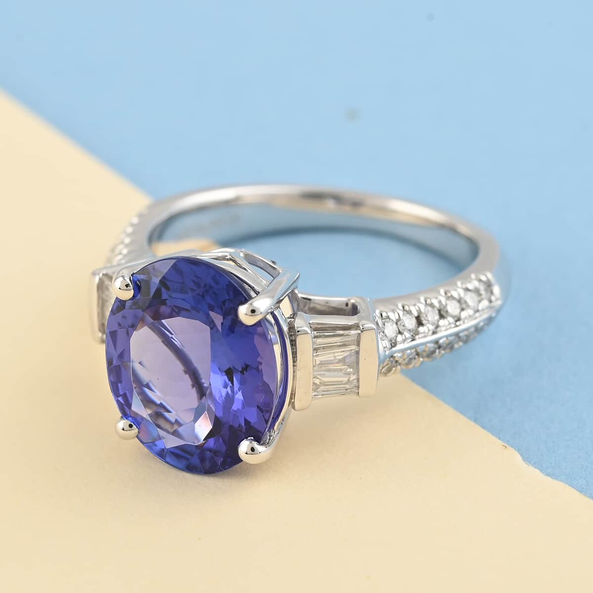 Ankur Treasure Chest Certified and Appraised Rhapsody 950 Platinum AAAA Tanzanite and E-F VS Diamond Ring (Size 6.0) 6.70 Grams 4.25 ctw image number 1