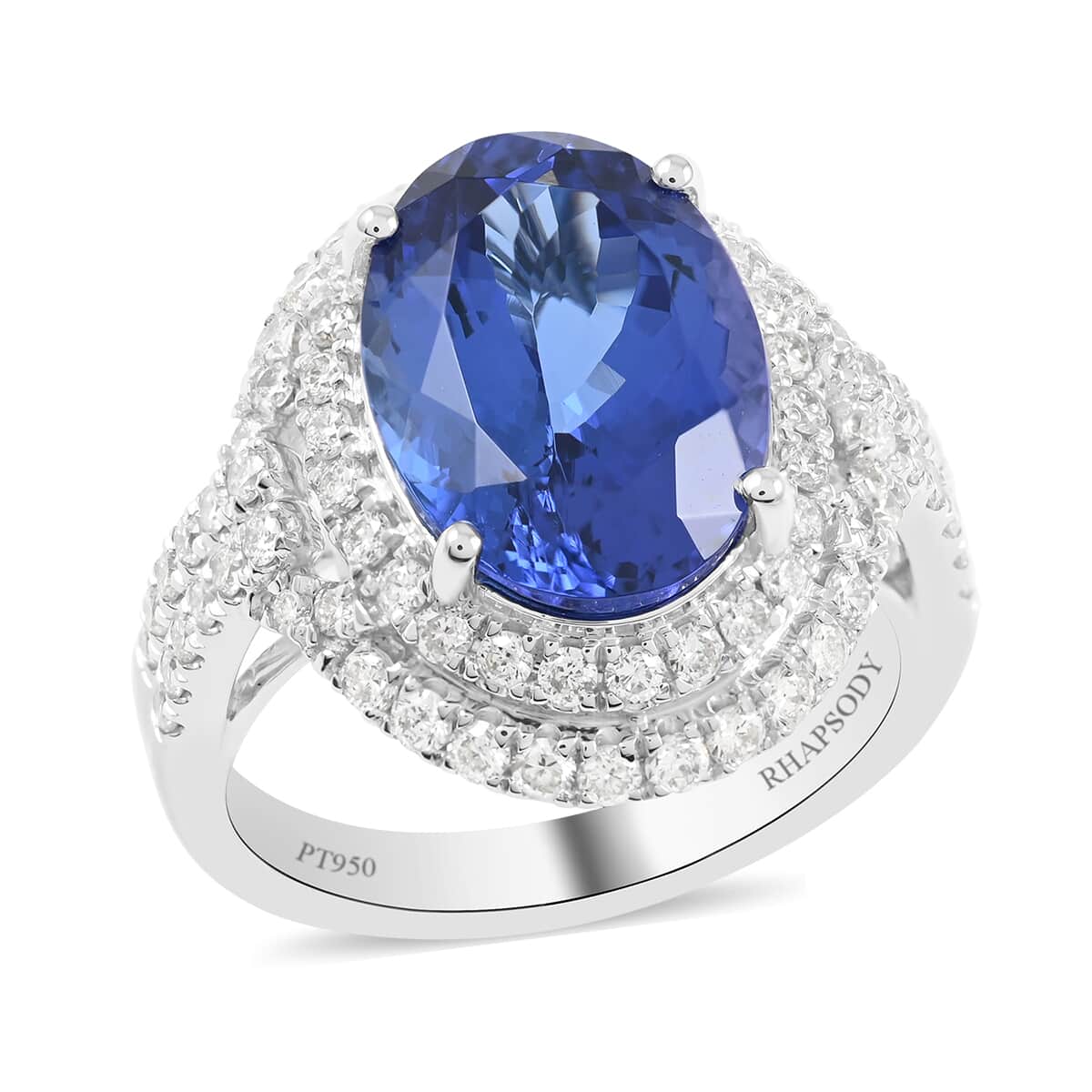 Certified Rhapsody 950 Platinum AAAA Tanzanite and E-F VS Double Halo Ring (Size 7.0) 10.65 Grams 8.00 ctw image number 0