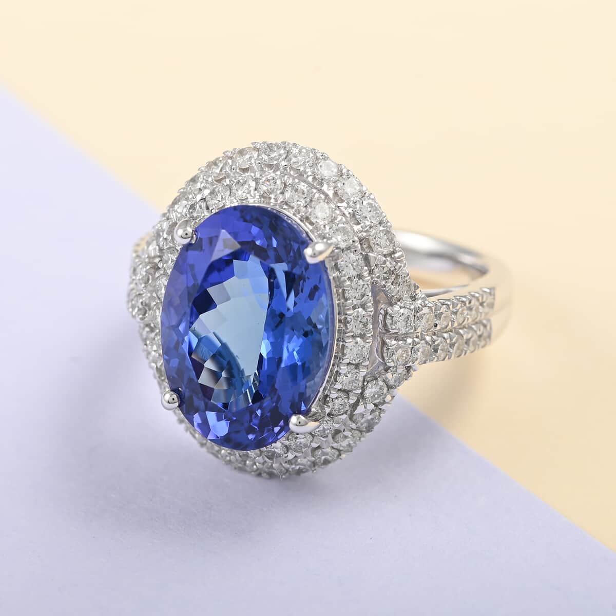 Red Carpet Collection Certified & Appraised RHAPSODY 950 Platinum AAAA Tanzanite and E-F VS Double Halo Ring 10.65 Grams 8.00 ctw image number 1