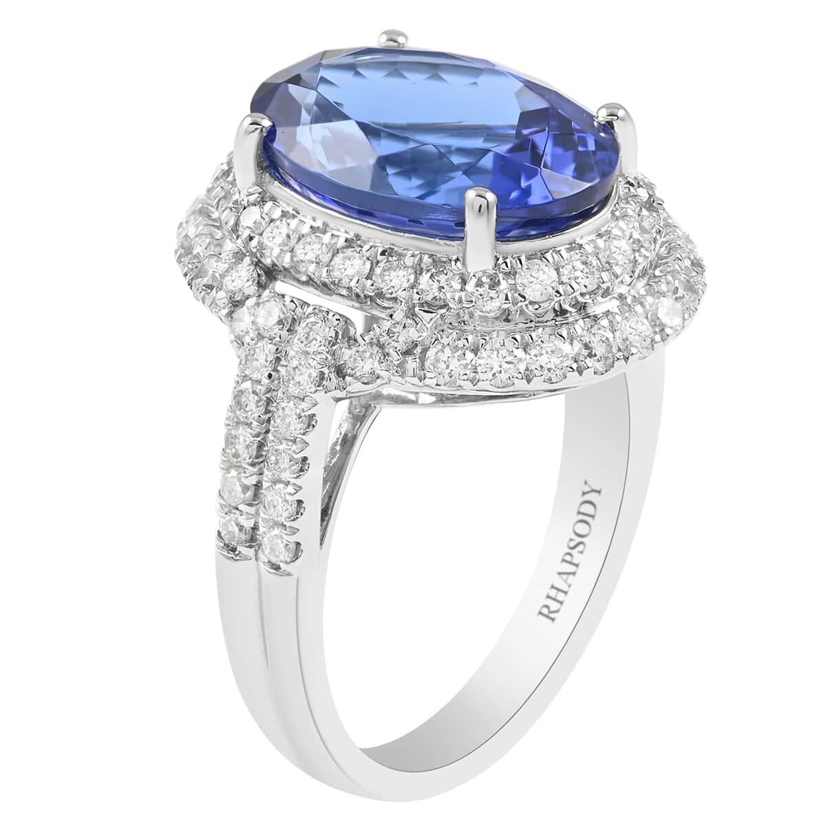 Red Carpet Collection Certified & Appraised RHAPSODY 950 Platinum AAAA Tanzanite and E-F VS Double Halo Ring 10.65 Grams 8.00 ctw image number 3