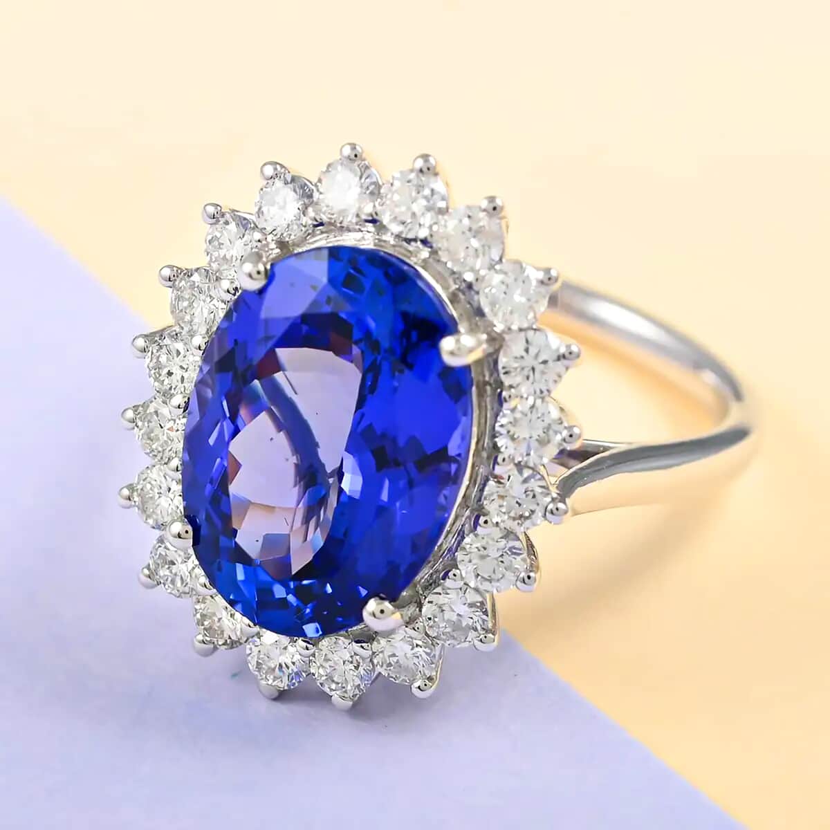 RED CARPET COLLECTION Certified and Apprised RHAPSODY 950 Platinum AAAA Tanzanite and Diamond E-F VS Sunburst Ring 7.75 Grams 8.00 ctw image number 1