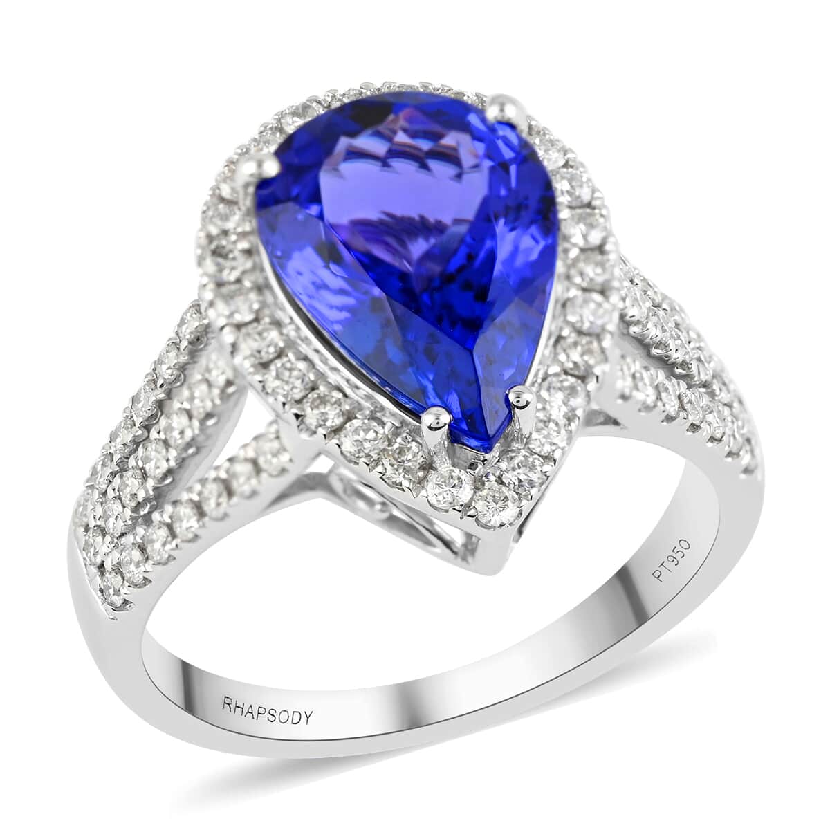 RED CARPET COLLECTION Certified and Appraised RHAPSODY 950 Platinum AAAA Tanzanite and E-F VS Diamond Split Shank Ring (Size 7.0) 7.50 Grams 4.75 ctw image number 0