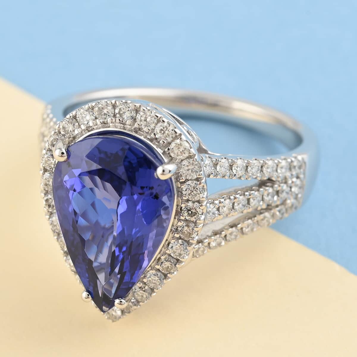 RED CARPET COLLECTION Certified and Appraised RHAPSODY 950 Platinum AAAA Tanzanite and E-F VS Diamond Split Shank Ring (Size 7.0) 7.50 Grams 4.75 ctw image number 1