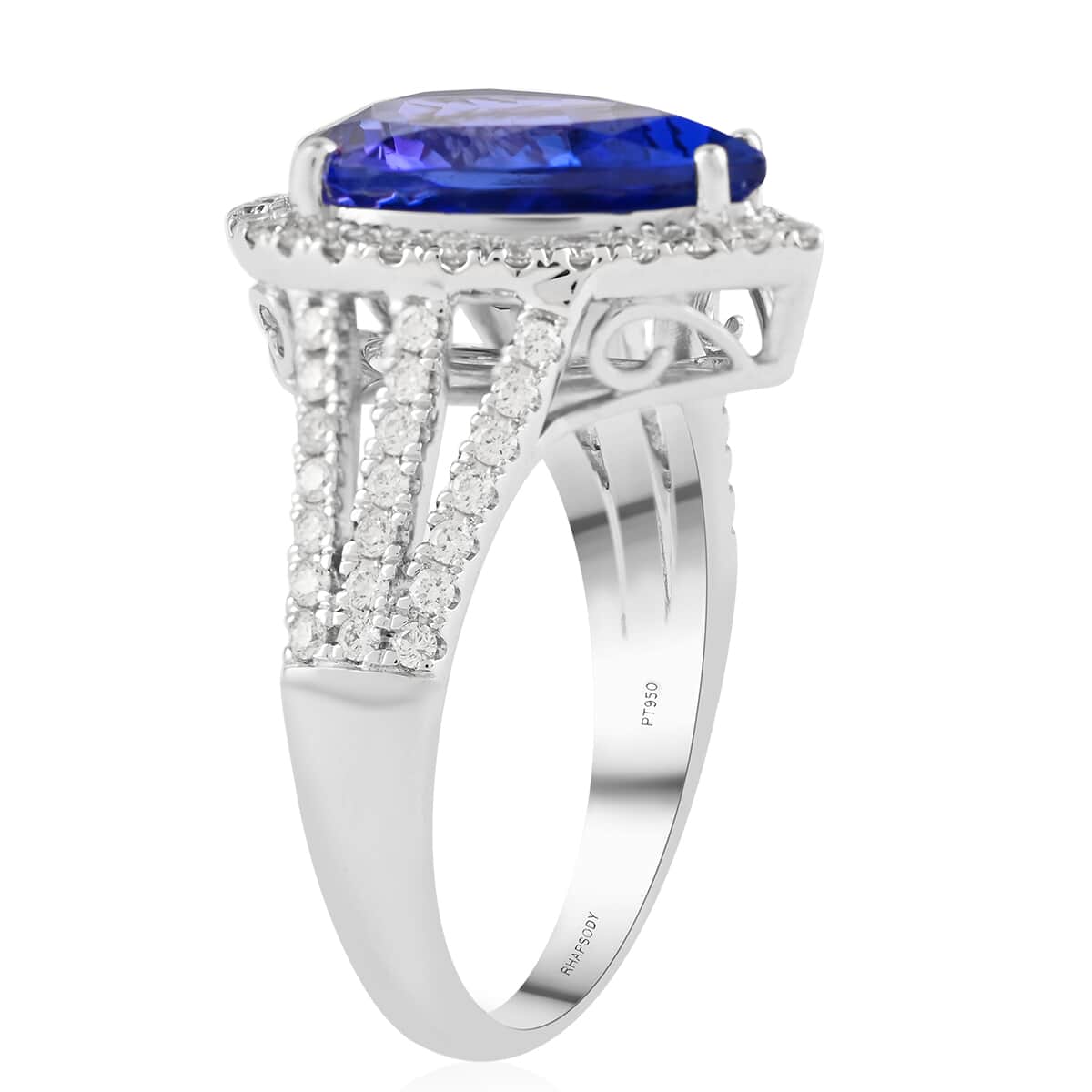 RED CARPET COLLECTION Certified and Appraised RHAPSODY 950 Platinum AAAA Tanzanite and E-F VS Diamond Split Shank Ring (Size 7.0) 7.50 Grams 4.75 ctw image number 3