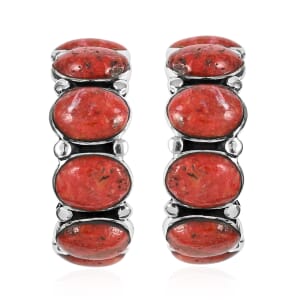 Santa Fe Style Enhanced Red Coral Half Hoop Earrings in Sterling Silver 3.75 ctw