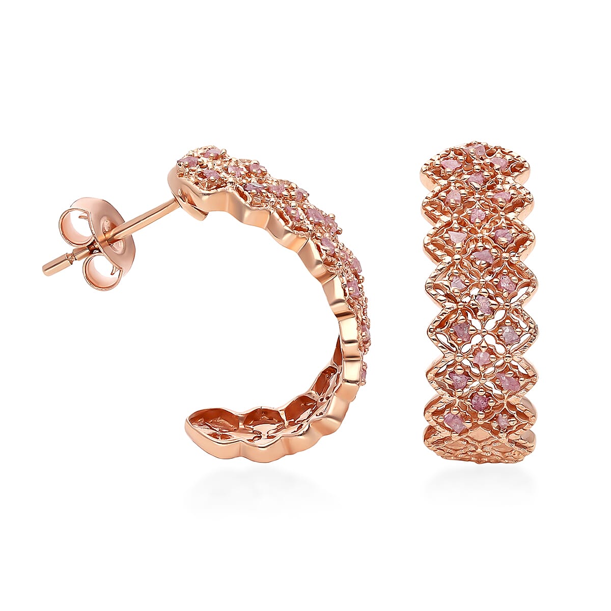 Uncut Natural Pink Diamond Earrings in Vermeil Rose Gold Over Sterling Silver 0.25 ctw
