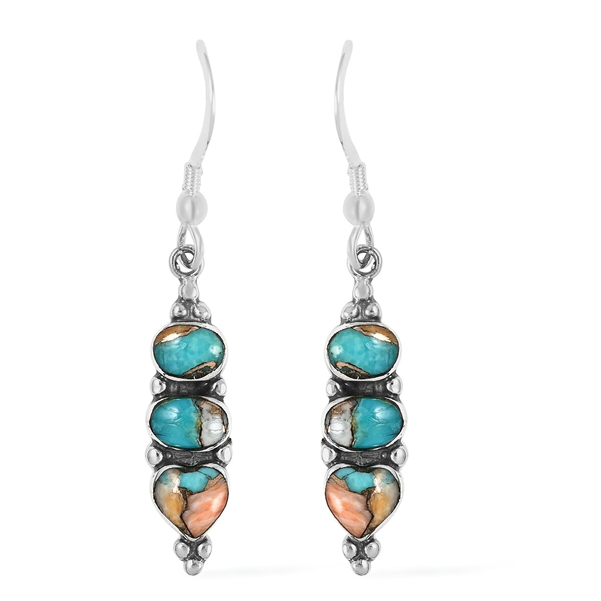 Santa Fe Style Spiny Turquoise 3 Stone Drop Earrings in Sterling Silver 2.00 ctw image number 0