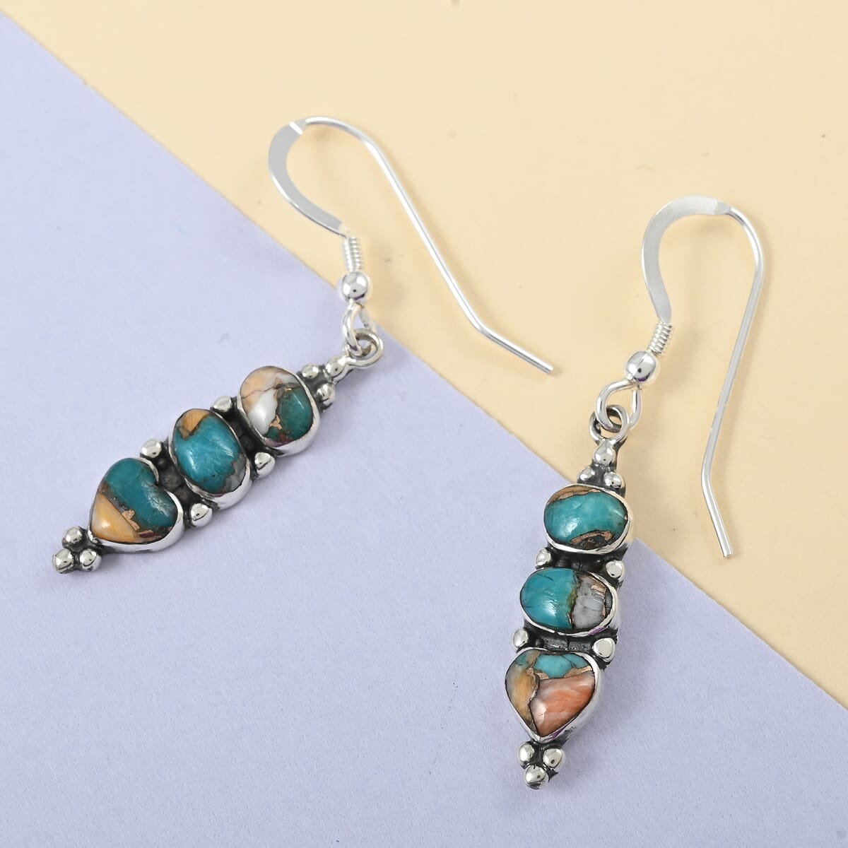Santa Fe Style Spiny Turquoise 3 Stone Drop Earrings in Sterling Silver 2.00 ctw image number 1