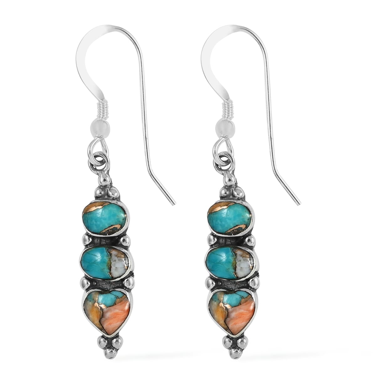 Santa Fe Style Spiny Turquoise 3 Stone Drop Earrings in Sterling Silver 2.00 ctw image number 3