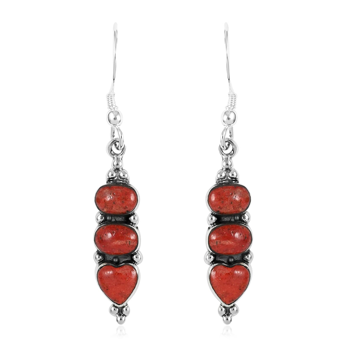 Santa Fe Style Enhanced Red Coral 3 Stone Drop Earrings in Sterling Silver 2.00 ctw image number 0