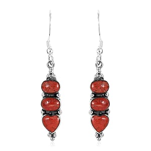 Santa Fe Style Enhanced Red Coral 3 Stone Drop Earrings in Sterling Silver 2.00 ctw