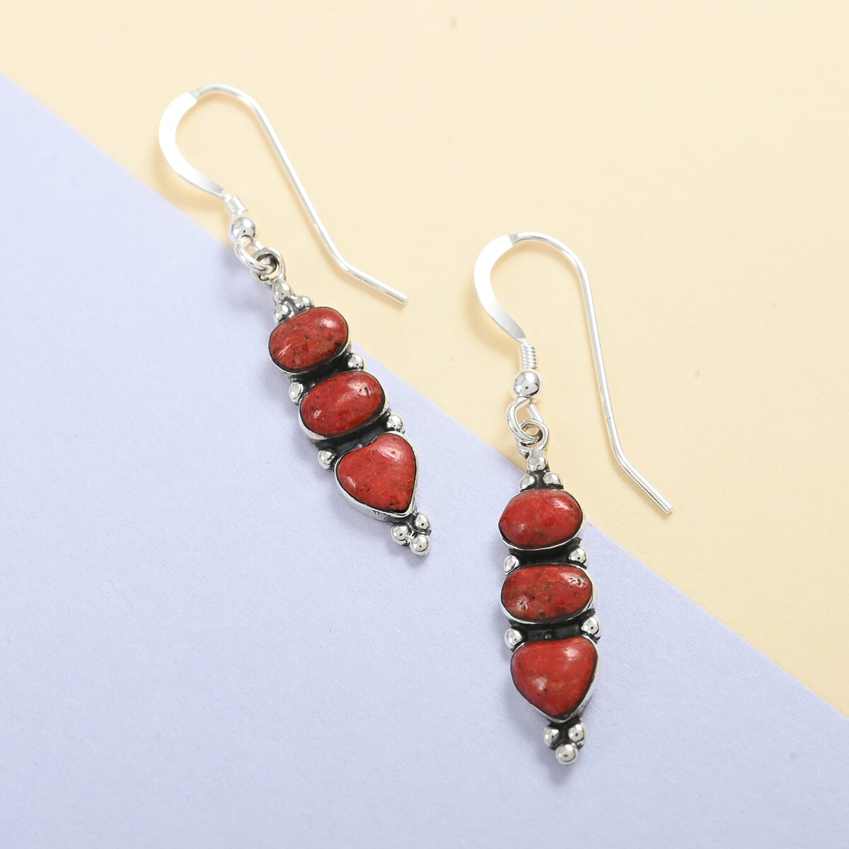 Santa Fe Style Enhanced Red Coral 3 Stone Drop Earrings in Sterling Silver 2.00 ctw image number 1