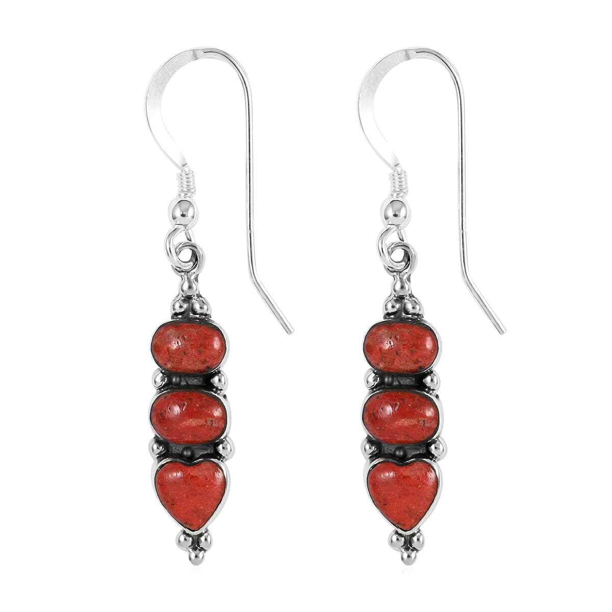 Santa Fe Style Enhanced Red Coral 3 Stone Drop Earrings in Sterling Silver 2.00 ctw image number 3