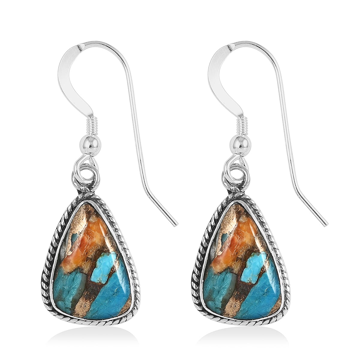 Santa Fe Style Spiny Turquoise Dangle Earrings in Sterling Silver 0.25 ctw image number 3