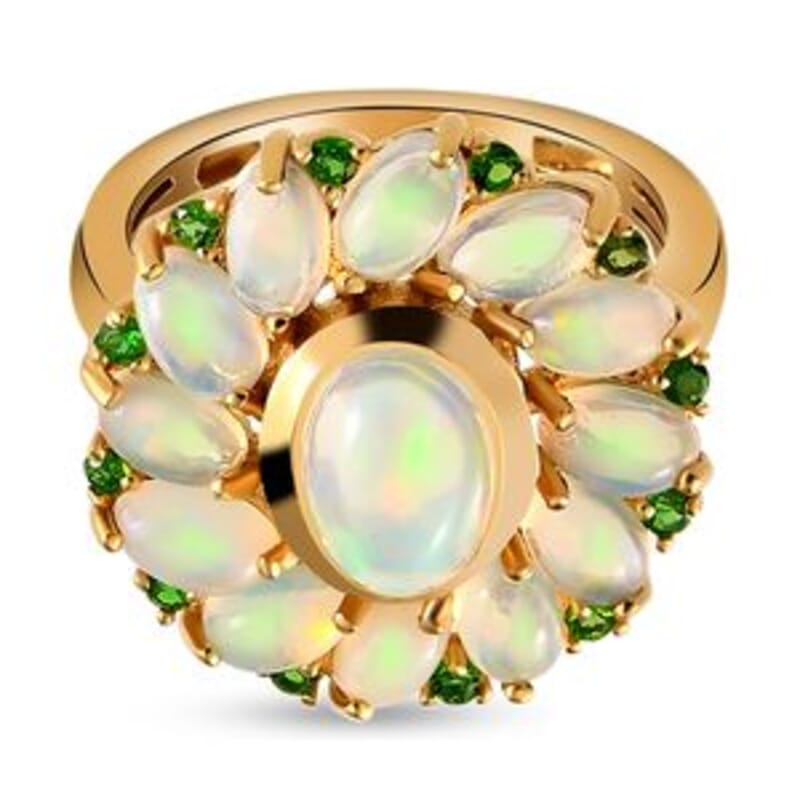 Ethiopian Welo Opal and Chrome Diopside 2.97 ctw Cluster Ring in 14K Yellow Gold Over Sterling Silver (Size 10)