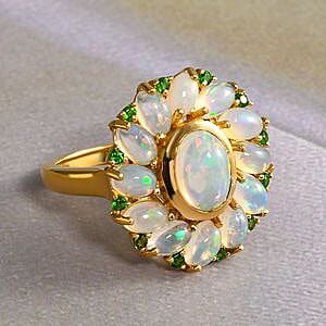 Ethiopian Welo Opal and Chrome Diopside 2.97 ctw Cluster Ring in 14K Yellow Gold Over Sterling Silver (Size 10)