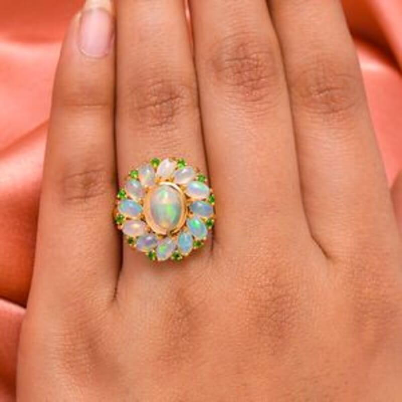 Ethiopian Welo Opal and Chrome Diopside 2.97 ctw Cluster Ring in 14K Yellow Gold Over Sterling Silver (Size 10)
