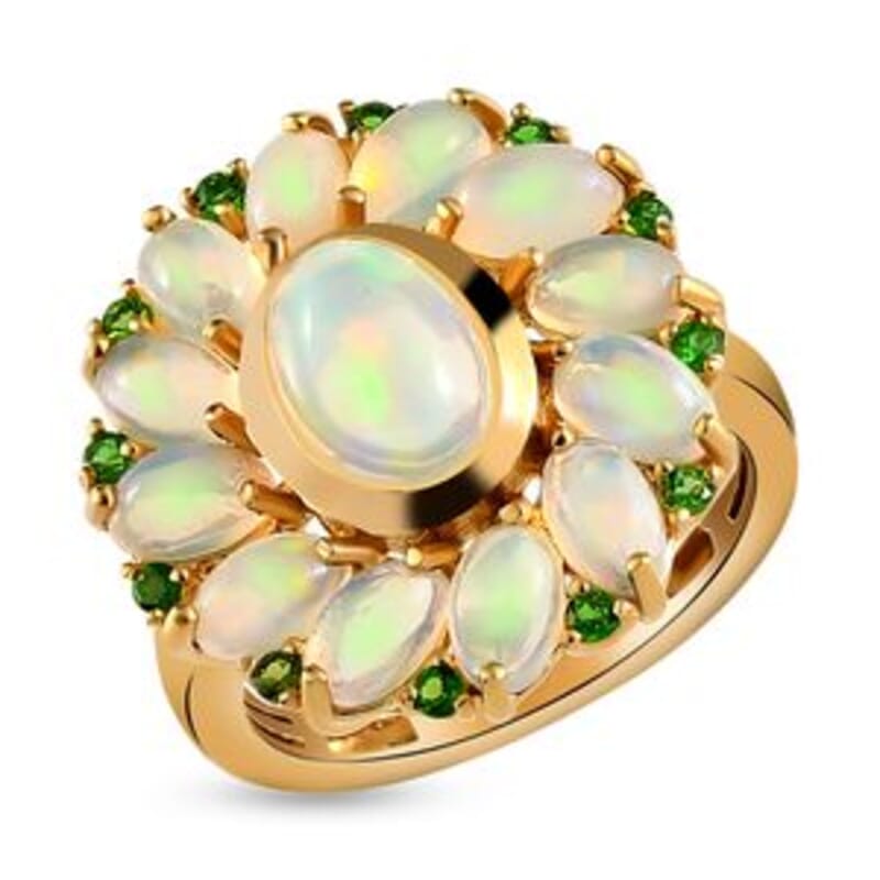 Ethiopian Welo Opal and Chrome Diopside 2.97 ctw Cluster Ring in 14K Yellow Gold Over Sterling Silver (Size 10)