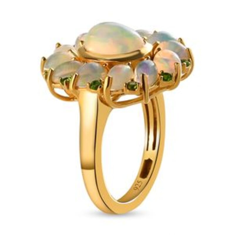 Ethiopian Welo Opal and Chrome Diopside 2.97 ctw Cluster Ring in 14K Yellow Gold Over Sterling Silver (Size 10)