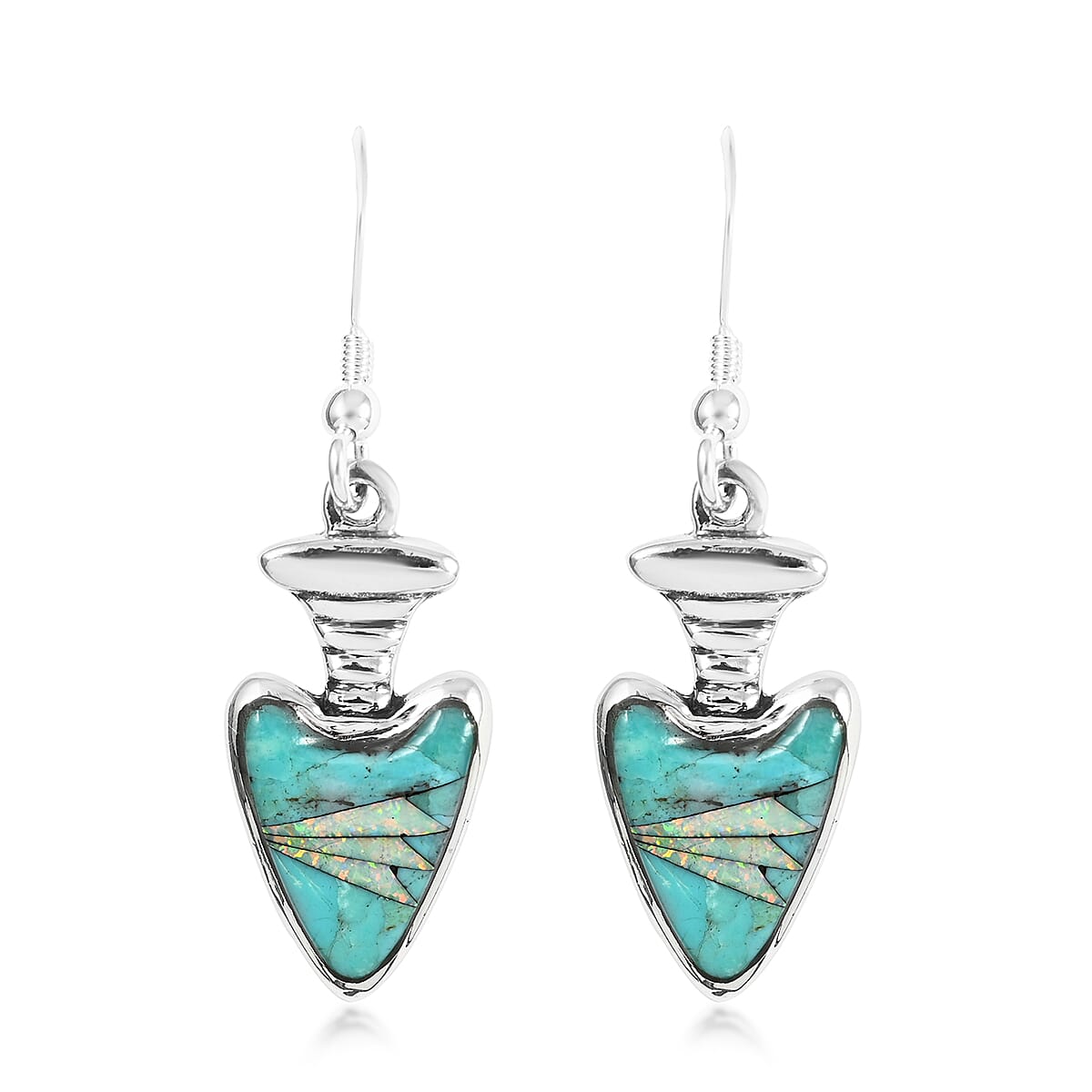 Santa Fe Style Turquoise and Lab Created Opal Dangle Earrings in Sterling Silver 0.40 ctw