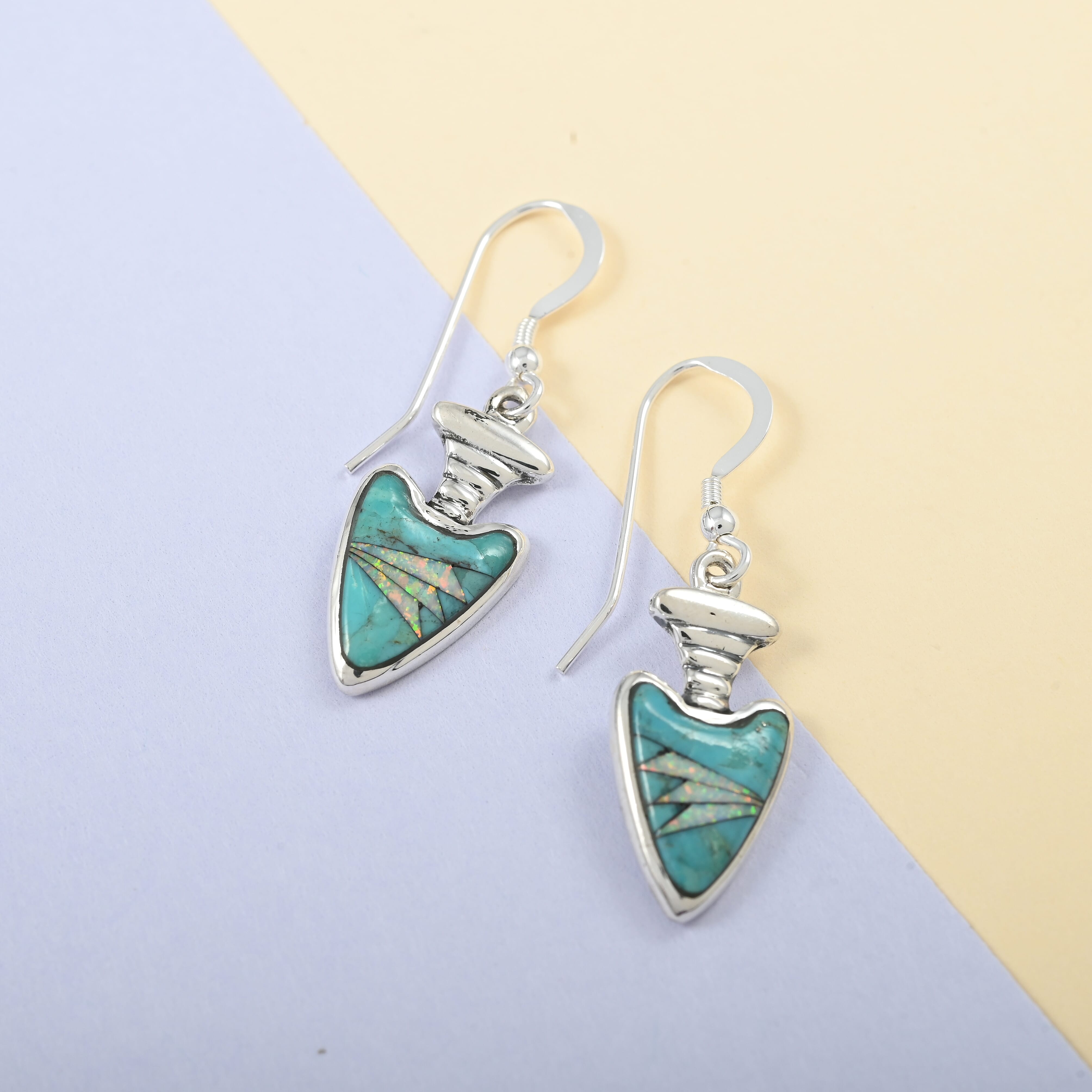 Santa Fe Style Turquoise and Lab Created Opal Dangle Earrings in Sterling Silver 0.40 ctw