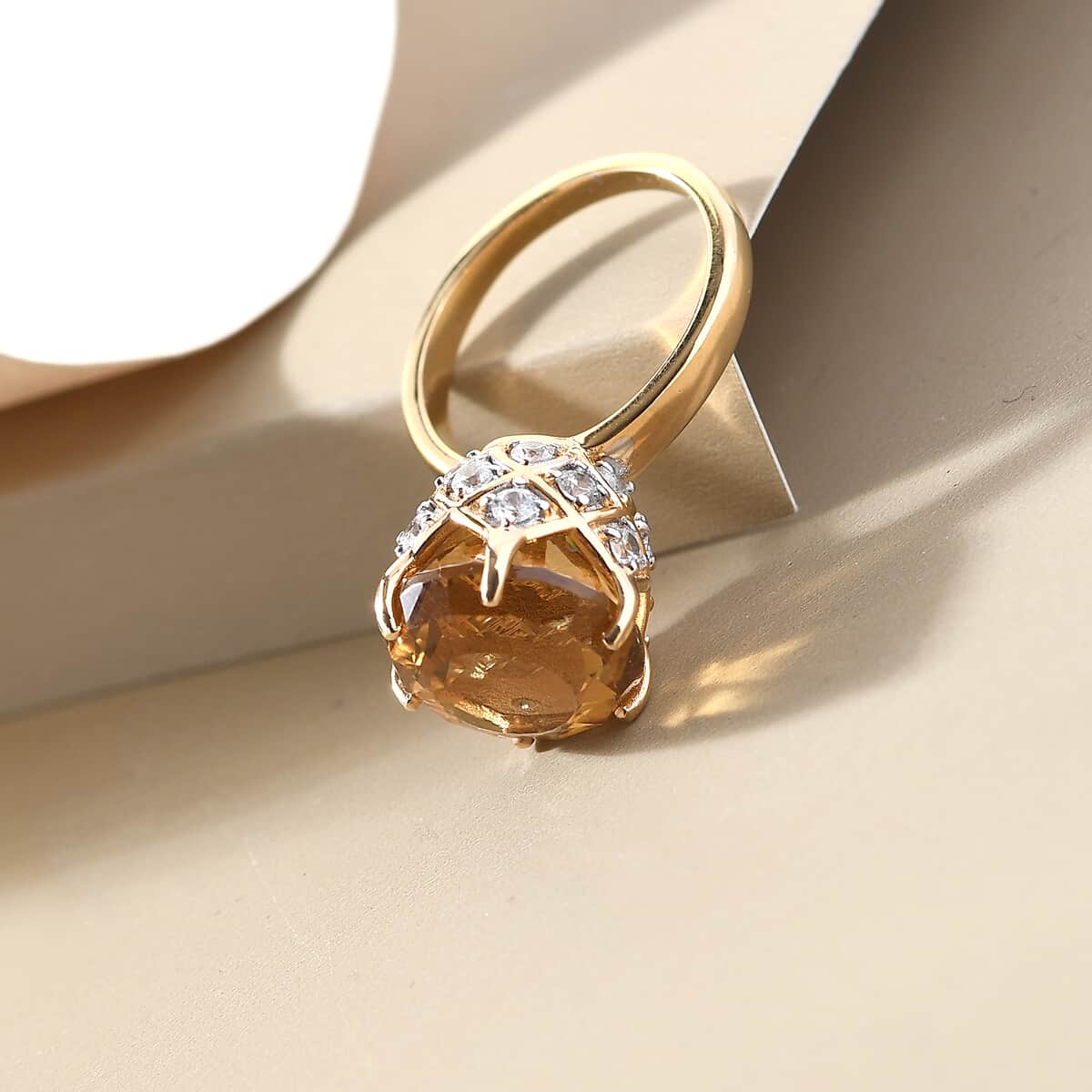 Cadbury Fancy Cut Brazilian Citrine and Natural White Zircon Cocktail Ring in Vermeil YG Over Sterling Silver (Size 7.0) 10.00 ctw image number 1