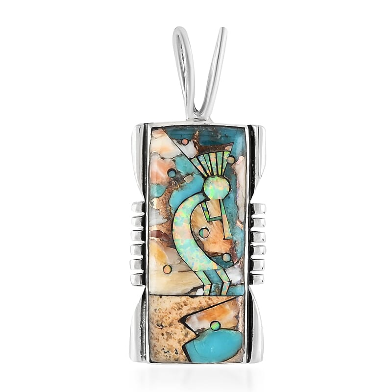 Santa Fe Style Spiny Turquoise and Multi Gemstone Kokopelli Pendant without Chain in Sterling Silver 1.25 ctw