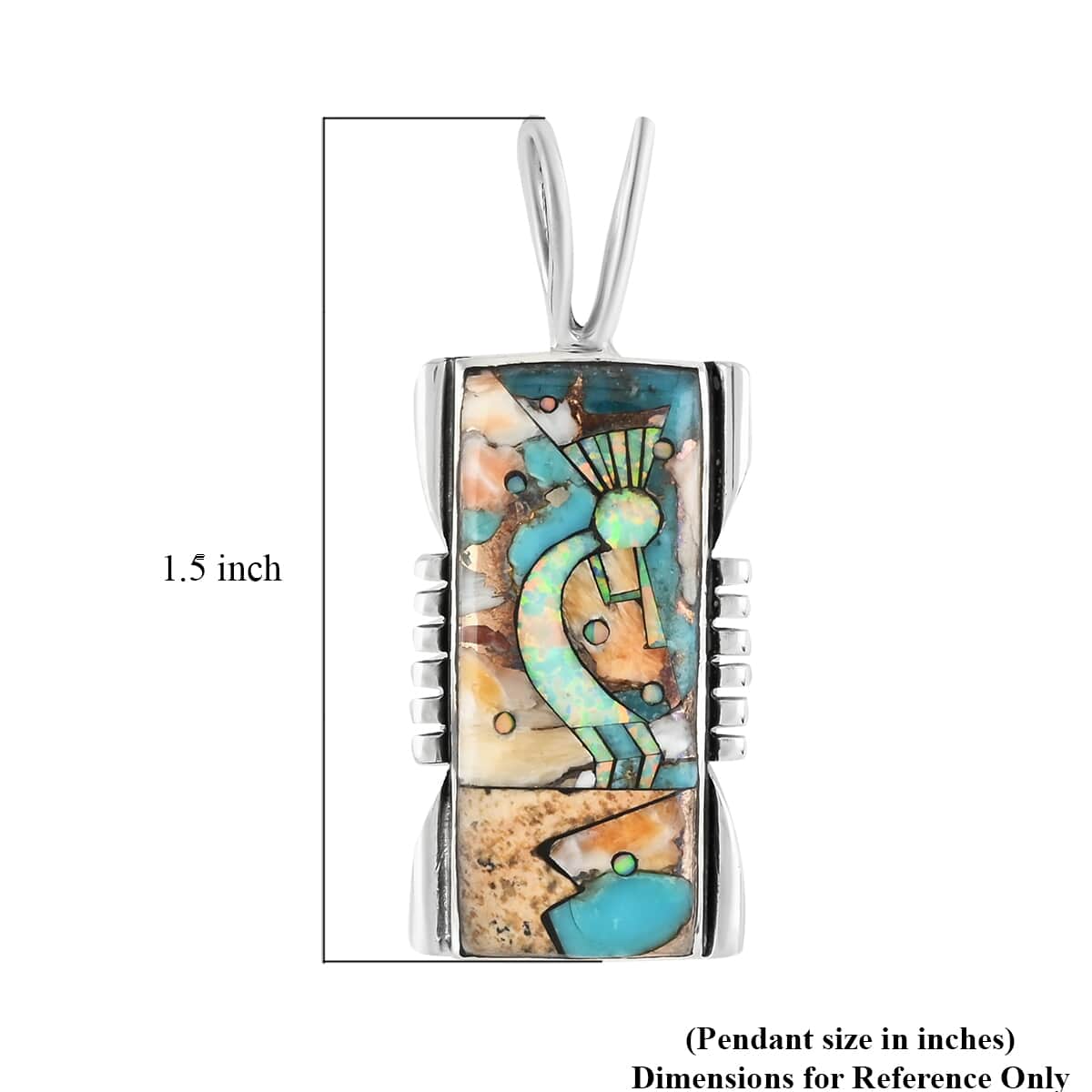 Santa Fe Style Spiny Turquoise and Multi Gemstone Kokopelli Pendant in Sterling Silver 1.25 ctw image number 3