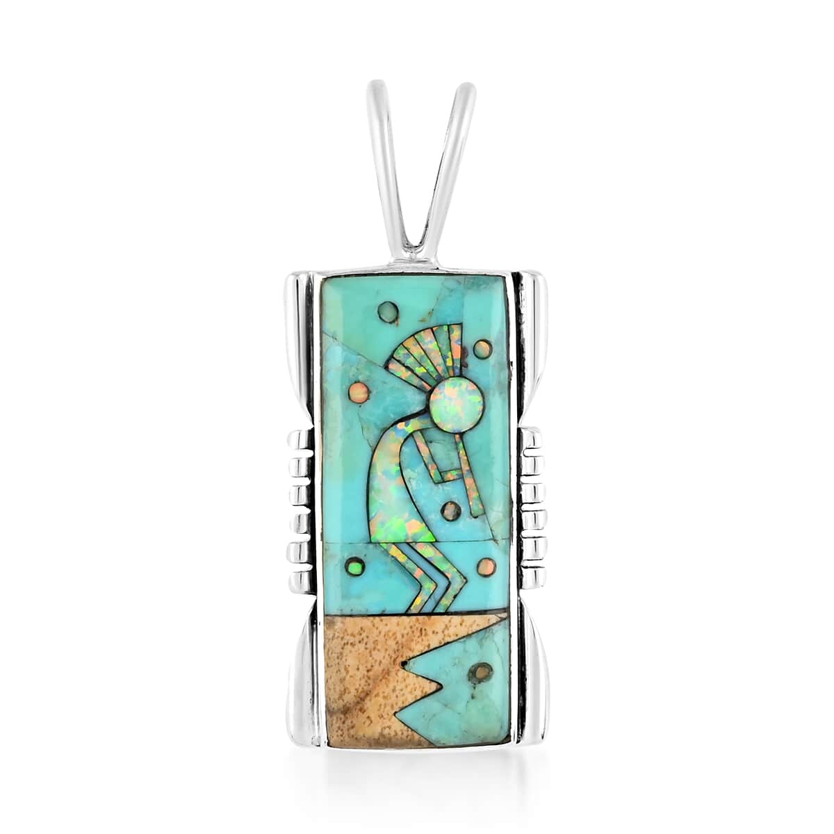 Santa Fe Style Turquoise and Multi Gemstone Kokopelli Pendant in Sterling Silver 0.85 ctw image number 0